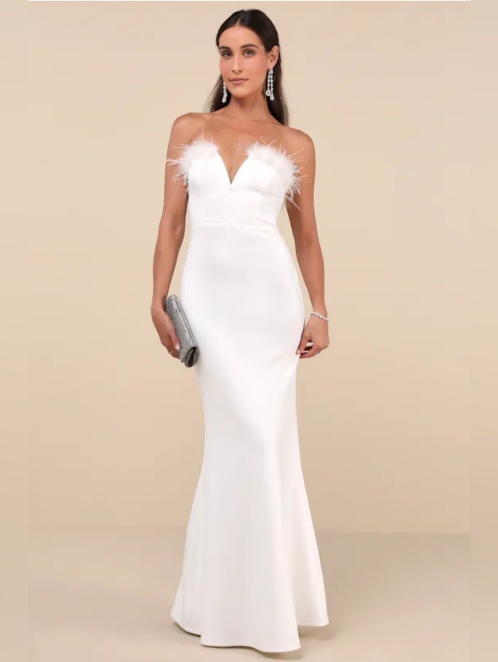 Lulus Ostrich Feather White Strapless Mermaid Maxi Dress